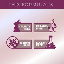 Load image into Gallery viewer, Product label with 'Cruelty Free', 'Paraben Free', 'Gluten Free', and 'Sulfate Free' icons on a gradient background.