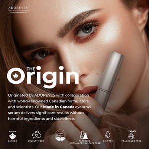 adoreyes brow serum women holding a tube of the product with text stating the origin of the product