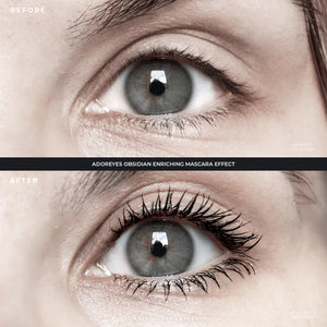before and after photo of a women wearing Adoreyes Obsidian mascara