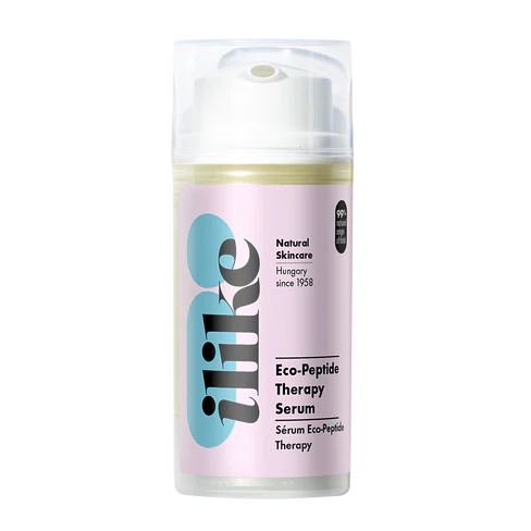 Ilike Eco-Peptide Therapy Serum in a pump container, lightweight anti-aging formula with Hexapeptide-11 and pea protein peptides to hydrate, firm, and smooth mature skin