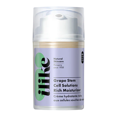 Ilike Grape Stem Cell Rich Moisturizer in glass jar, antioxidant cream with red grape stem cells and resveratrol to firm, hydrate, and protect aging skin