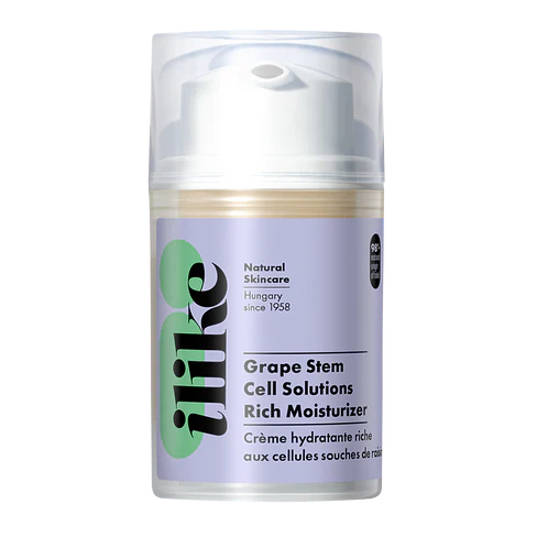 Ilike Grape Stem Cell Rich Moisturizer in glass jar, antioxidant cream with red grape stem cells and resveratrol to firm, hydrate, and protect aging skin