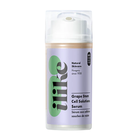 Ilike Grape Stem Cell Solutions Serum in a pump container, antioxidant serum with red grape stem cells and resveratrol to firm, protect, and rejuvenate skin