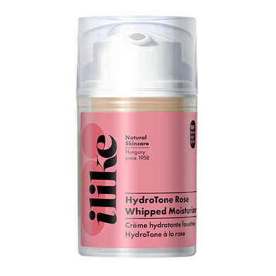 HydroTone Rose Whipped Moisturizer in a soft pink cream texture, shown in an elegant white jar with rose accents, highlighting its lightweight, hydrating formula for radiant skin