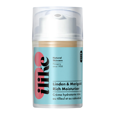 Ilike Linden & Marigold Moisturizer in pump container, soothing organic cream that calms, hydrates, and nourishes sensitive or dry skin naturally