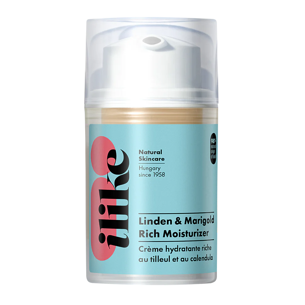 Ilike Linden & Marigold Moisturizer in pump container, soothing organic cream that calms, hydrates, and nourishes sensitive or dry skin naturally