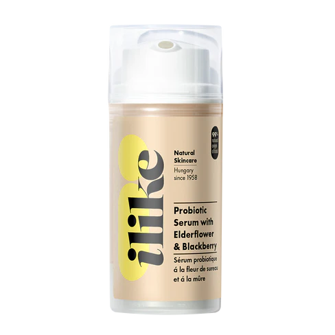 Ilike Probiotic Serum with Elderflower & Blackberry in a pump container, bioactive probiotic formula to calm, balance, and support skin microbiome
