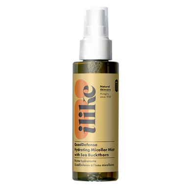 QuadDefense Hydrating Micellar Mist in pump bottle, sea buckthorn–infused micellar water that hydrates, soothes, and removes light impurities