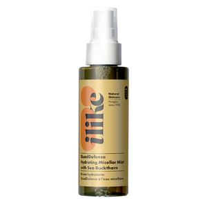 QuadDefense Hydrating Micellar Mist in pump bottle, sea buckthorn–infused micellar water that hydrates, soothes, and removes light impurities