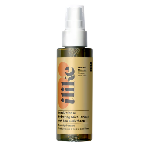 QuadDefense Hydrating Micellar Mist in pump bottle, sea buckthorn–infused micellar water that hydrates, soothes, and removes light impurities
