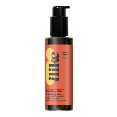 Refreshing Mint Exfoliating Wash in a pump container, cooling gel cleanser with mint, eucalyptus, and herbal oils to lift away dead cells and refresh skin