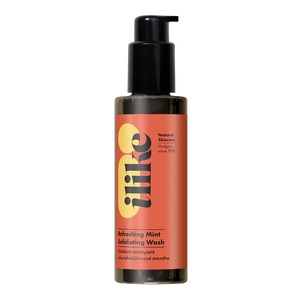 Refreshing Mint Exfoliating Wash in a pump container, cooling gel cleanser with mint, eucalyptus, and herbal oils to lift away dead cells and refresh skin