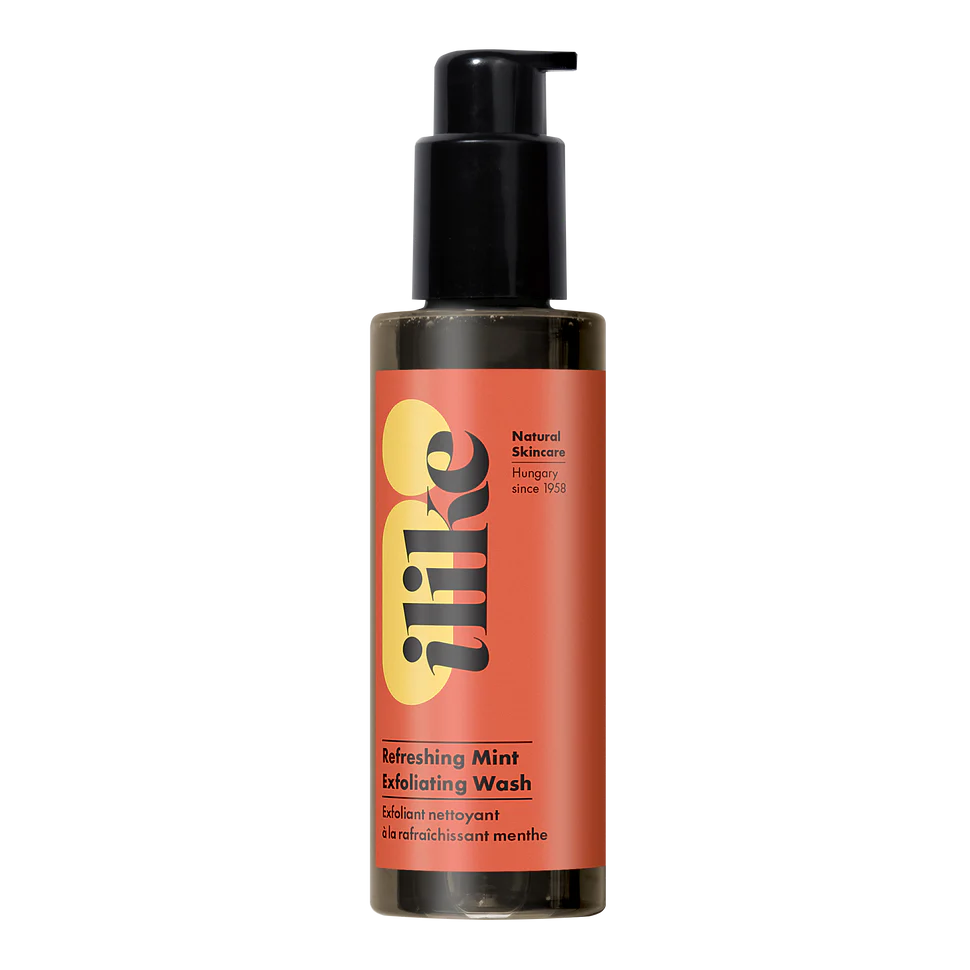 Refreshing Mint Exfoliating Wash in a pump container, cooling gel cleanser with mint, eucalyptus, and herbal oils to lift away dead cells and refresh skin
