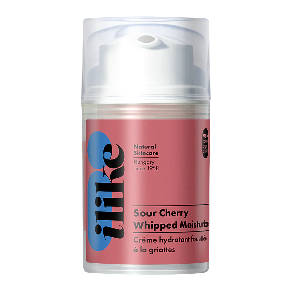 Ilike Sour Cherry Moisturizer in a pump container, antioxidant-rich organic cream with sour cherry extract to hydrate, firm, and brighten skin