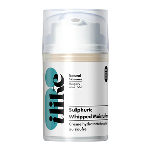 "Sulfur and peppermint acne moisturizer in a pump container, soothing formula that calms inflammation, balances oily skin, and promotes a clear, matte complexion