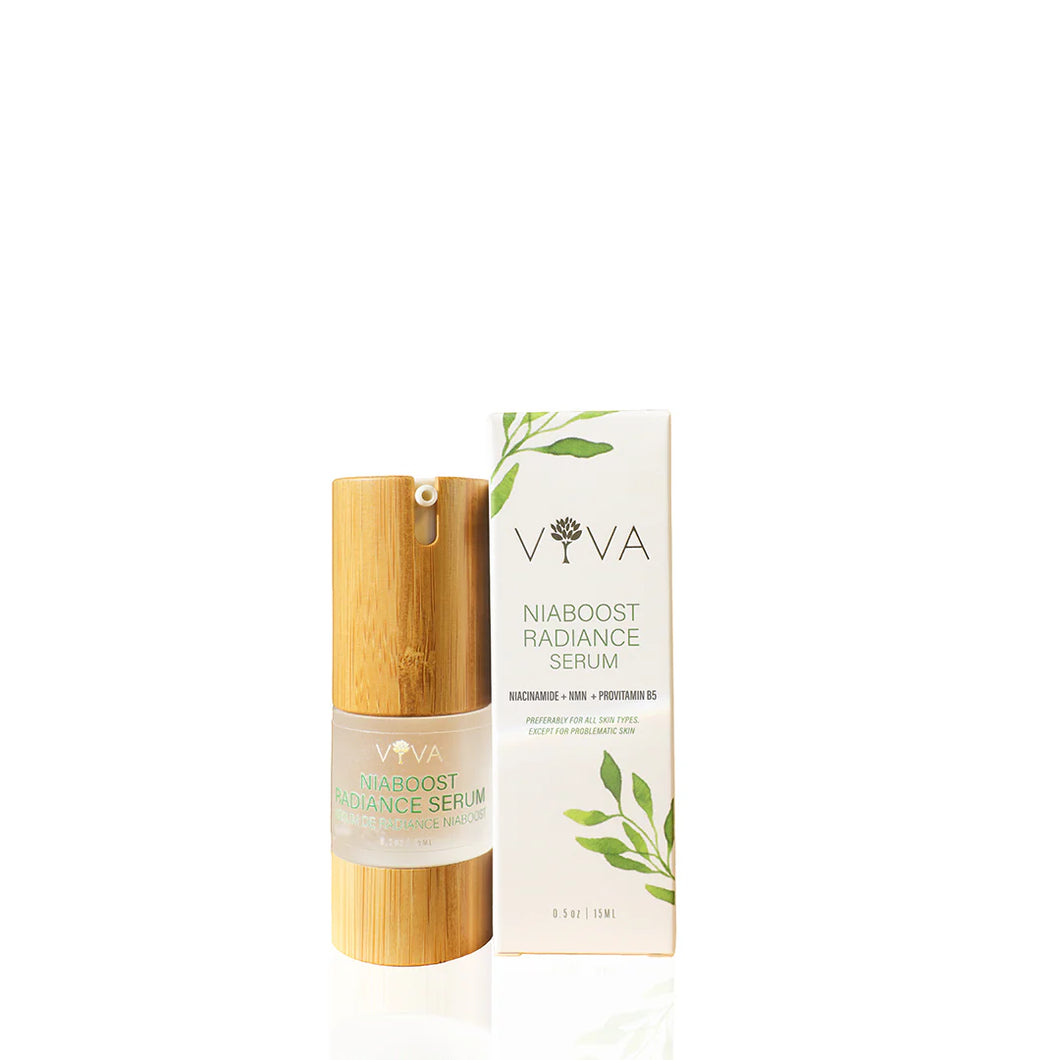Viva Nioboost Face Serum in glass dropper bottle – natural skincare with niacinamide for brightening and smoothing skin