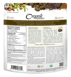 Organic traditions dark chocolate almonds (227g) - back of package - nutrition facts, summary, ingredients