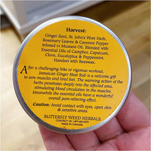 Load image into Gallery viewer, Back of Butterfly Weed Jamaican ginger heat rub tin
